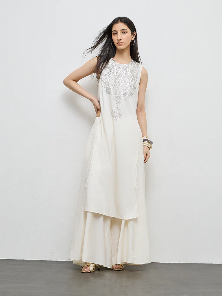Vark Off-White Embroidered A-Line Ethnic Set