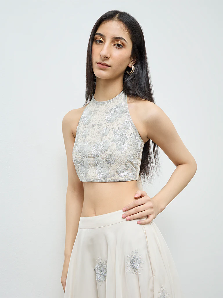 Vark Off-White Floral Embellished Top