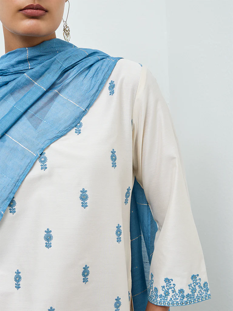 Vark Off-White Floral Embroidered A-Line Ethnic Set - Image 3