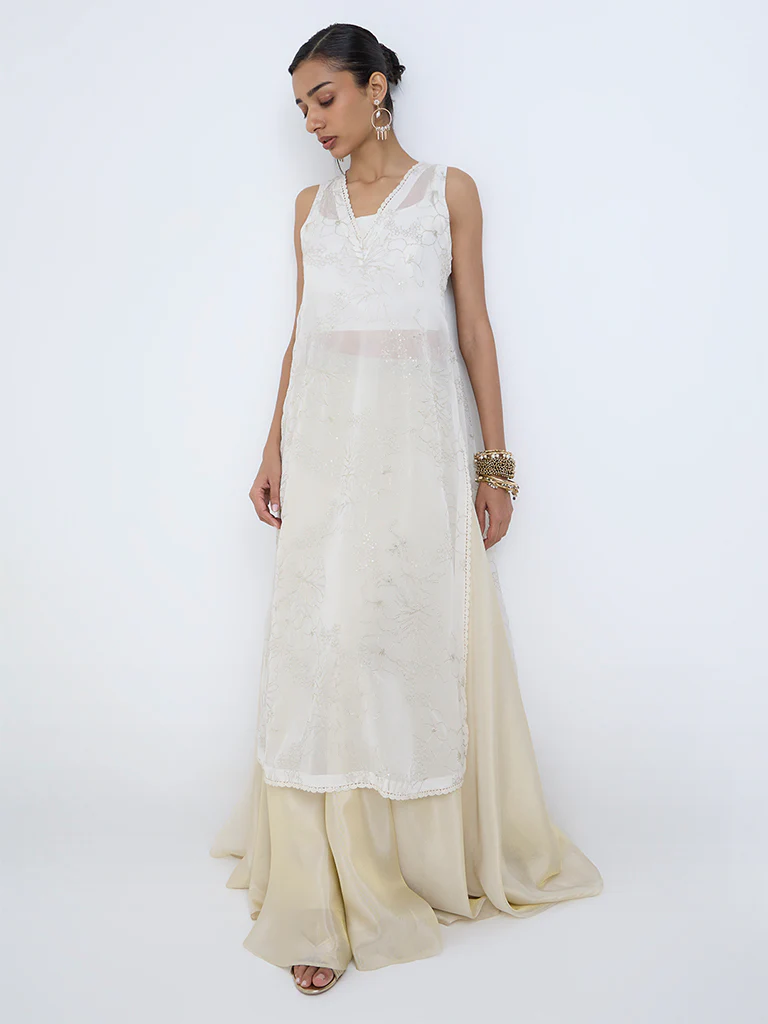 Vark Off-White Floral Embroidered A-Line Kurta with Inner