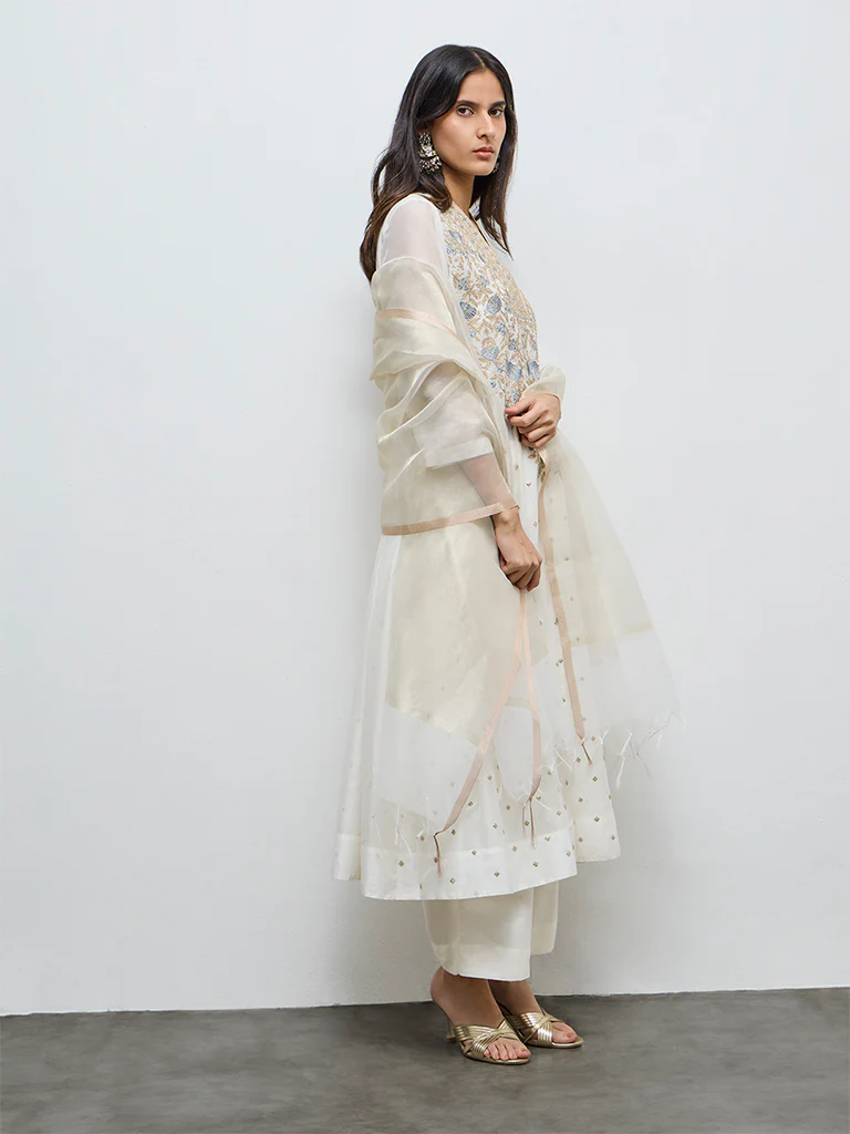 Vark Off-White Floral Embroidered Cotton-Blend A-Line Ethnic Set - Image 2