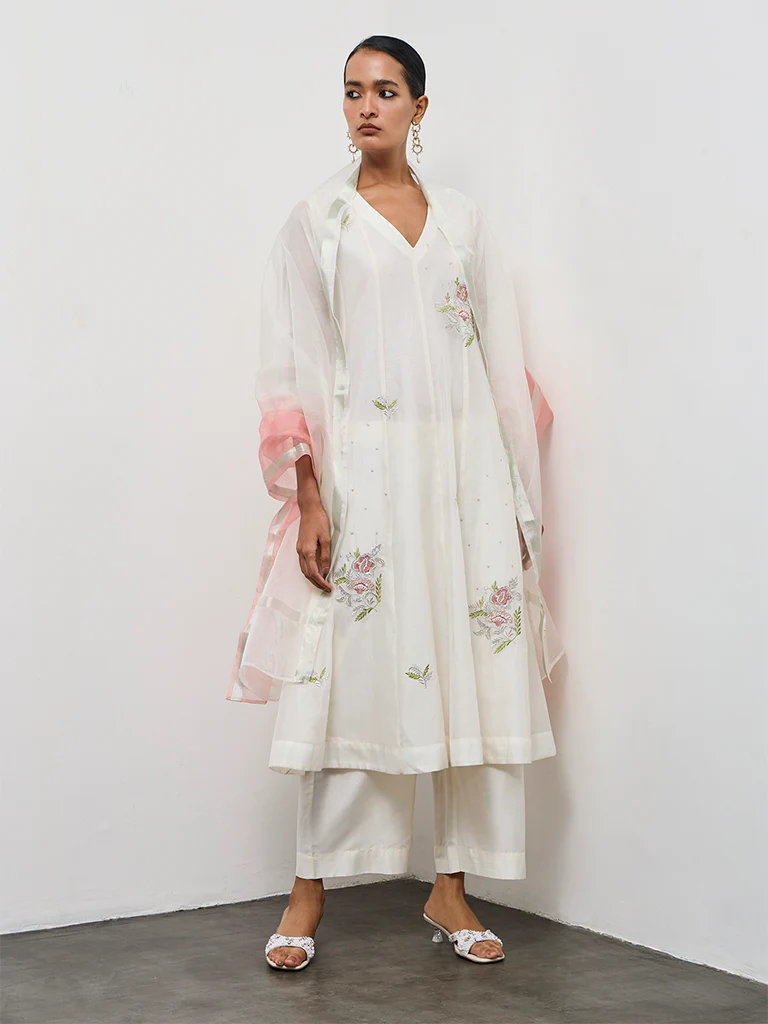 Vark Off-White Floral Embroidered Cotton-Blend A-Line Ethnic Set - Image 2