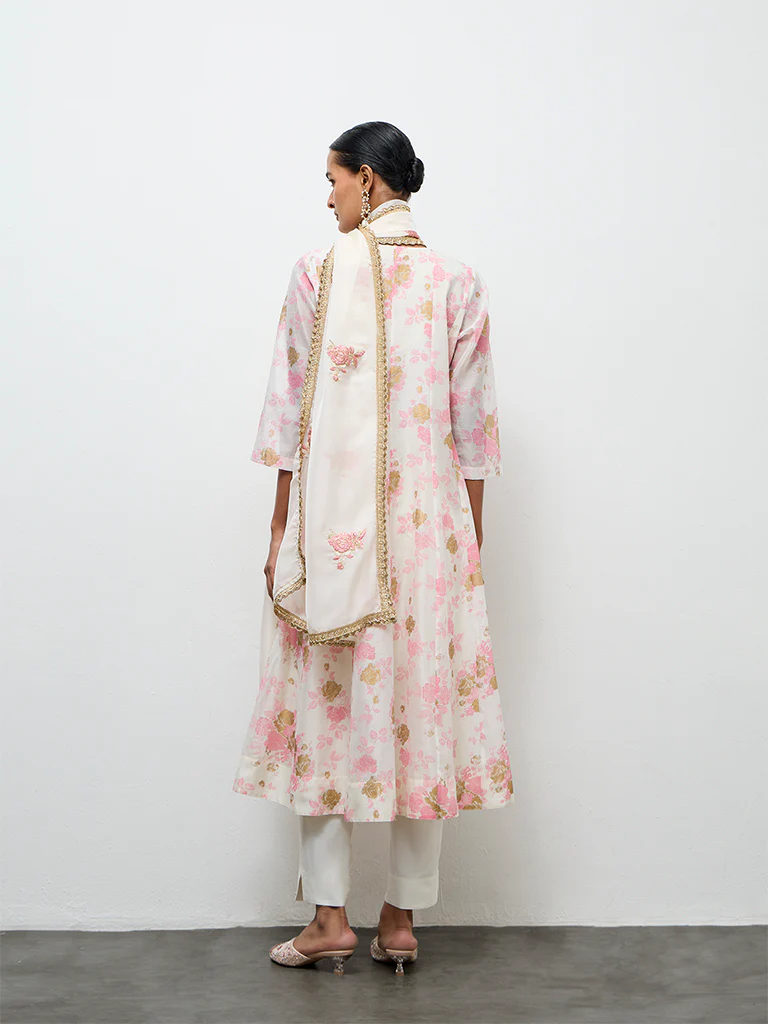 Vark Off-White Floral Printed A-Line Cotton-Blend Ethnic Set - Image 4