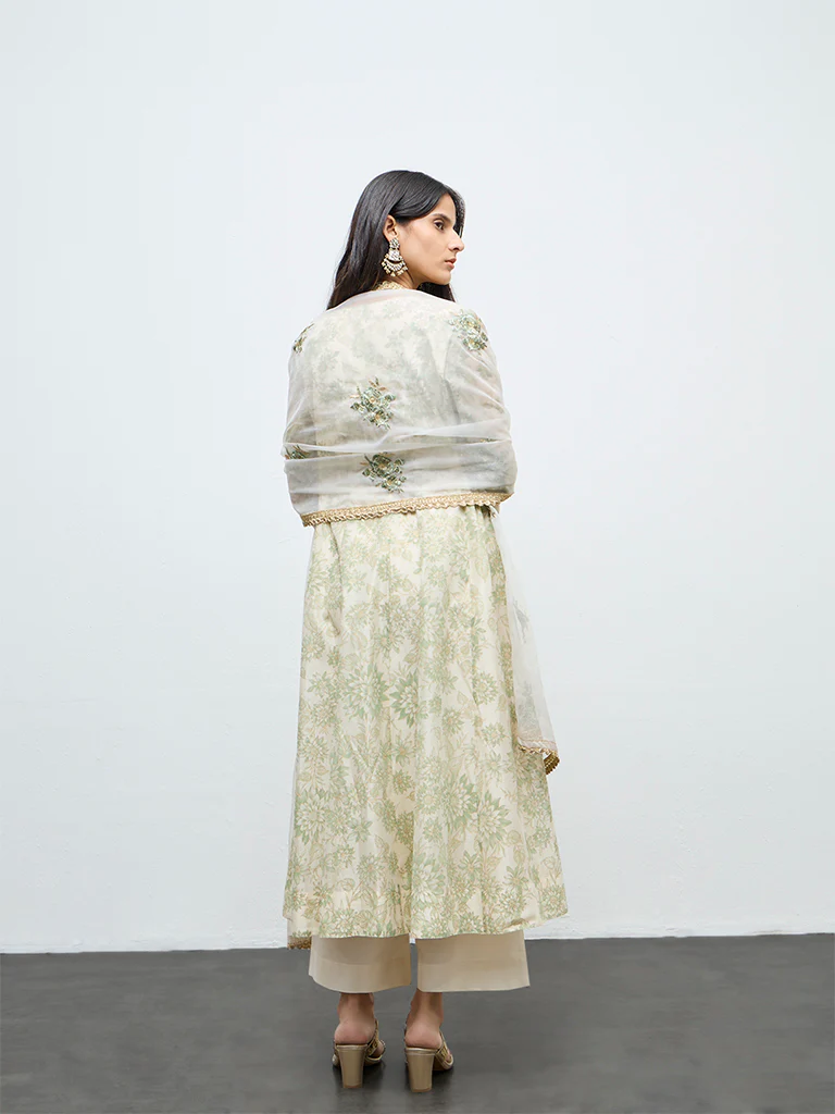 Vark Off-White Floral Printed Cotton-Blend A-Line Ethnic Set - Image 4