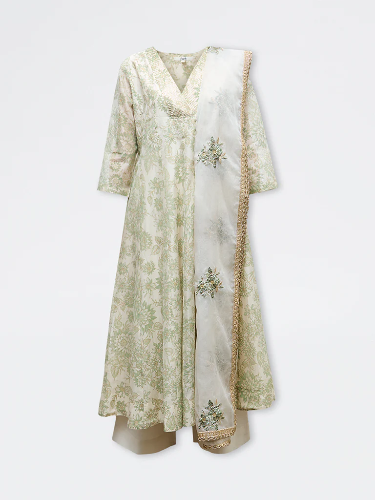 Vark Off-White Floral Printed Cotton-Blend A-Line Ethnic Set - Image 5