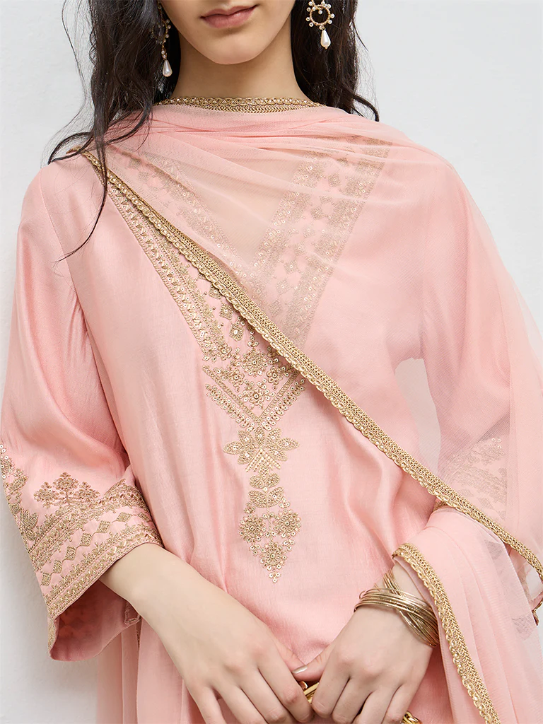 Vark Peach Embroidered A-Line Ethnic Set - Image 3