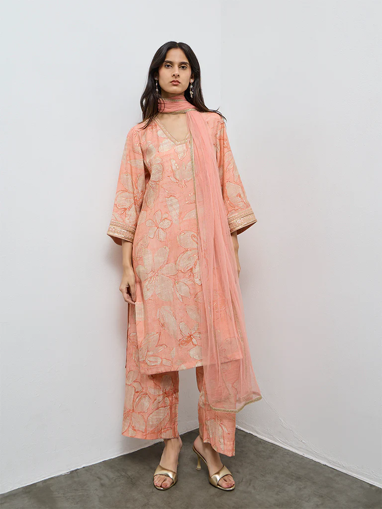 Vark Peach Floral A-Line Ethnic Set