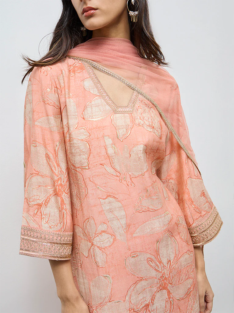 Vark Peach Floral A-Line Ethnic Set - Image 3