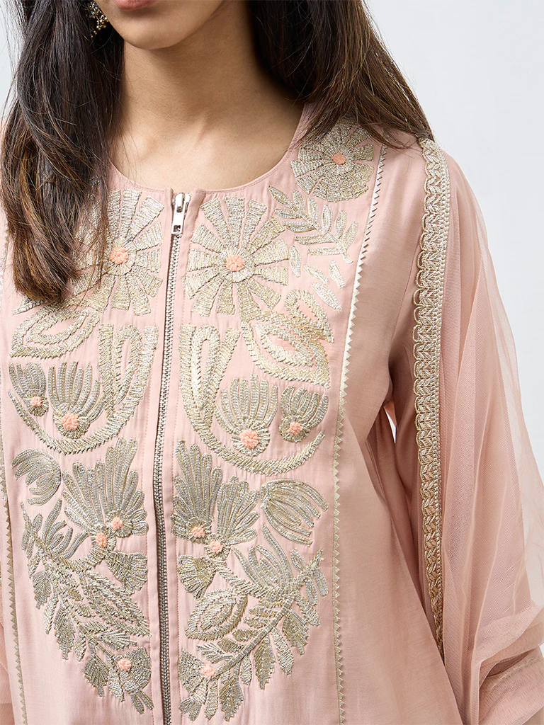 Vark Peach Floral Embroidered A-Line Ethnic Set - Image 3