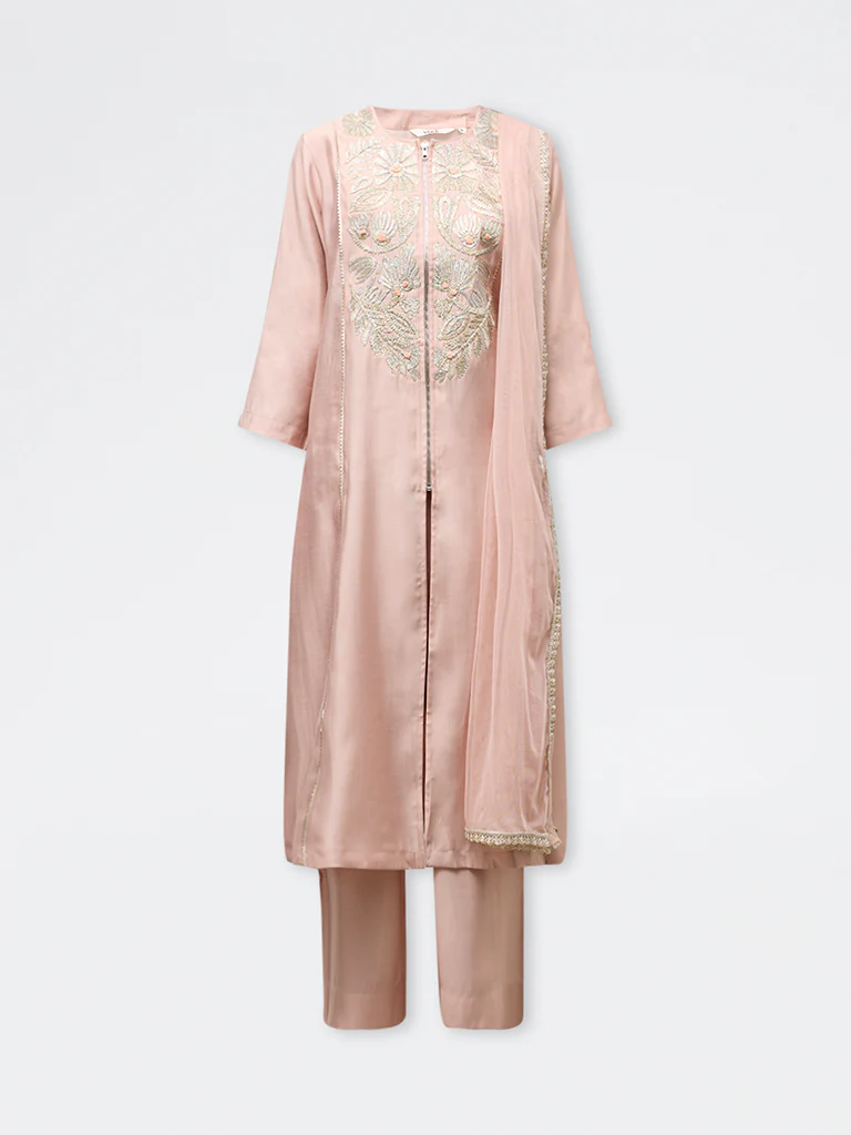 Vark Peach Floral Embroidered A-Line Ethnic Set - Image 5