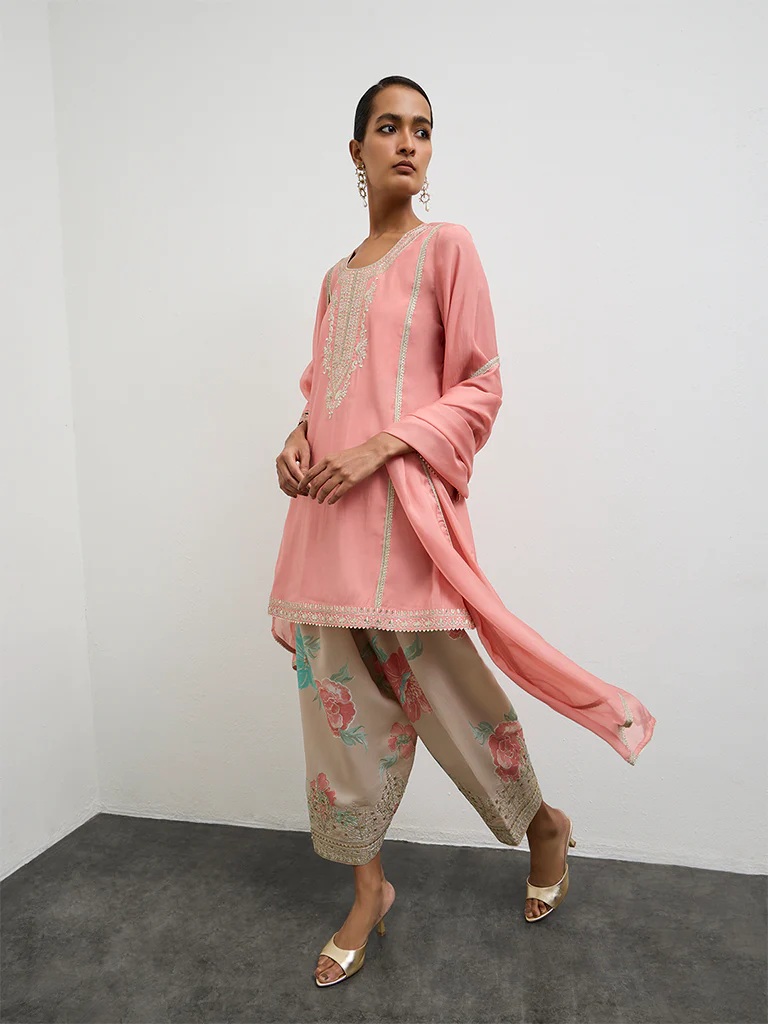 Vark Peach Floral Printed A-Line Ethnic Set - Image 2
