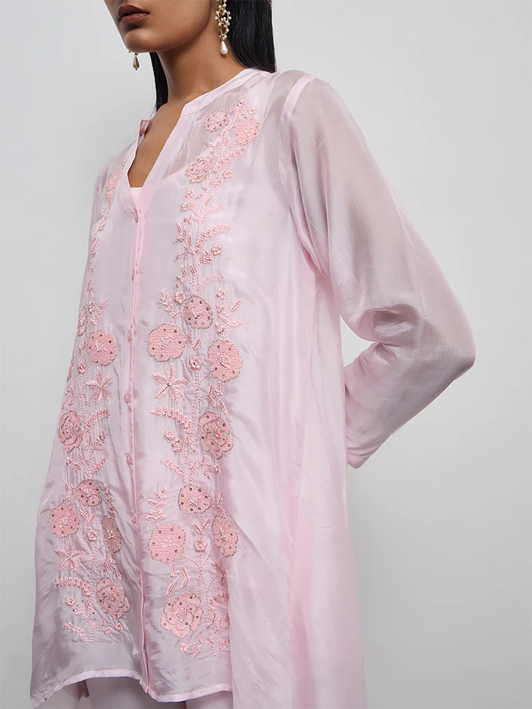 Vark Pink Cotton-Blend Sheer Ethnic Set with Inner - Image 3
