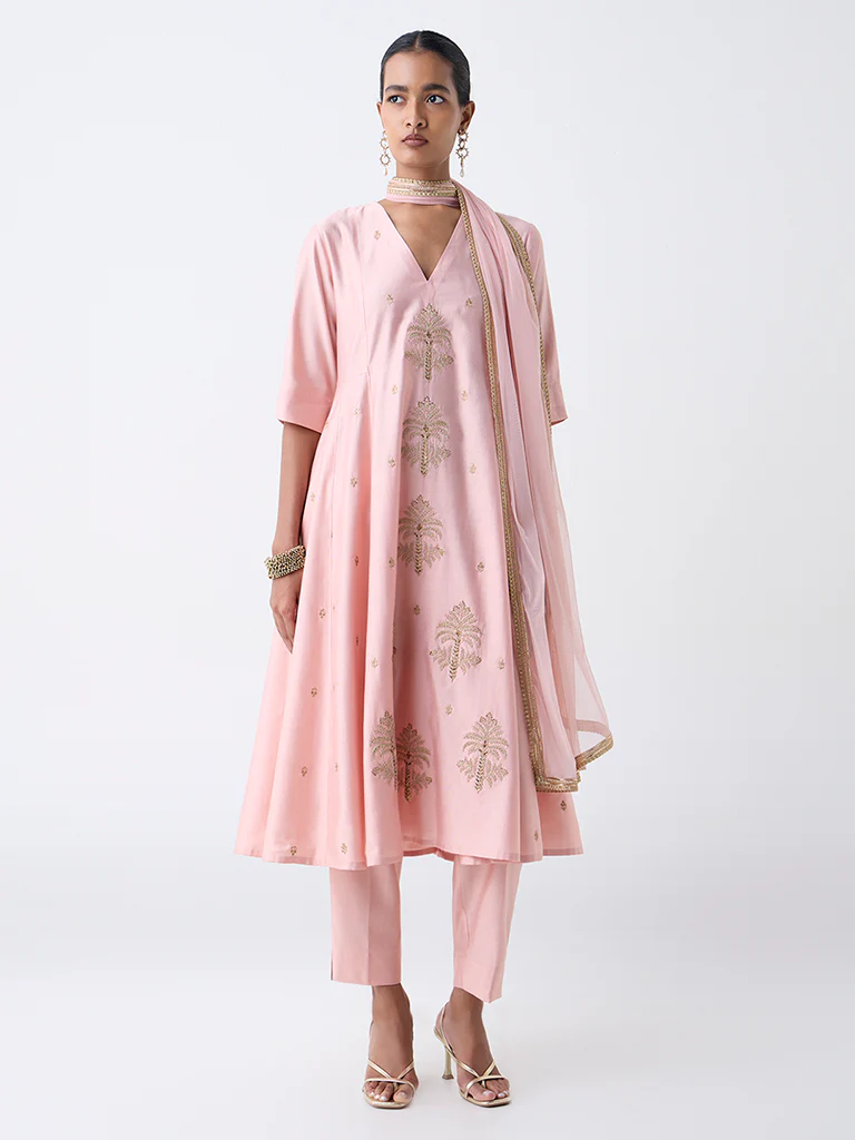 Vark Pink Embroidered Fit-and-Flare Ethnic Set - Image 2