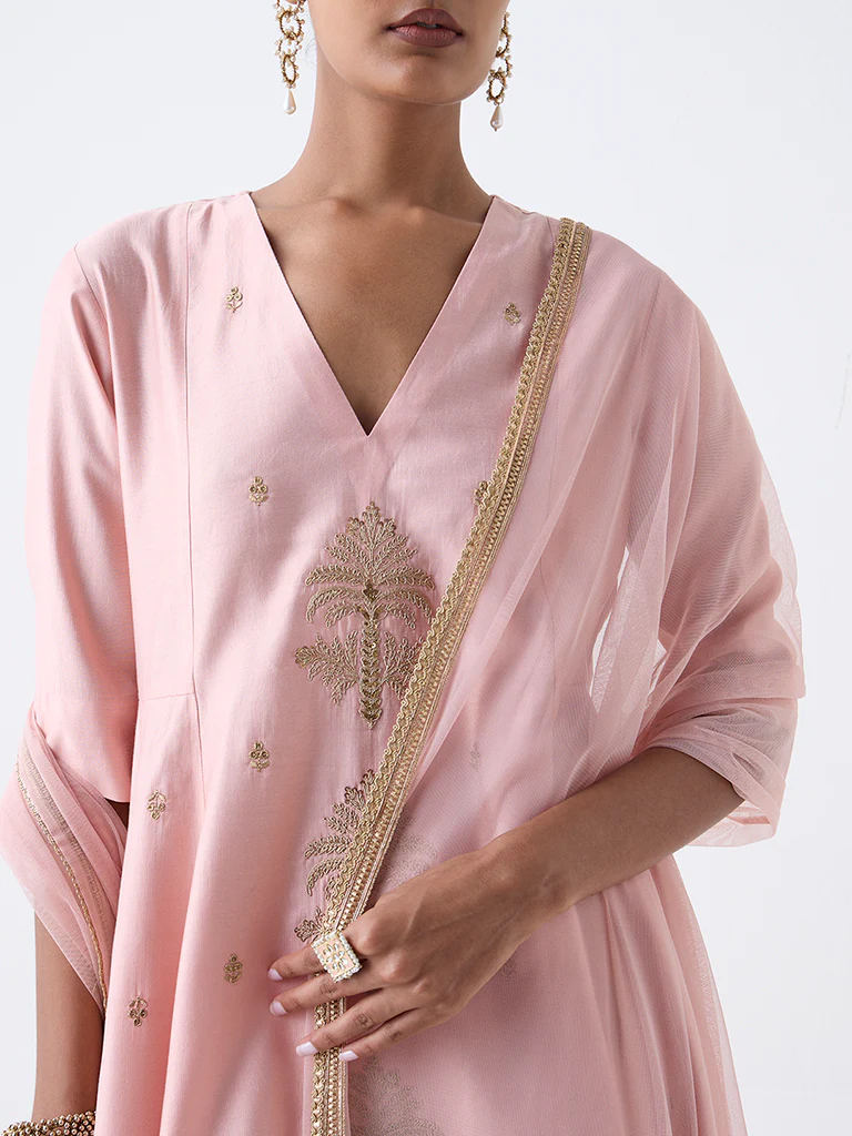 Vark Pink Embroidered Fit-and-Flare Ethnic Set - Image 3