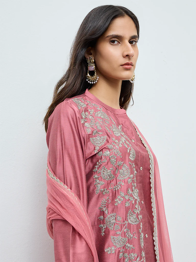 Vark Pink Floral Embroidered A-Line Ethnic Set - Image 2