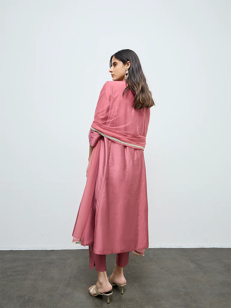 Vark Pink Floral Embroidered A-Line Ethnic Set - Image 3