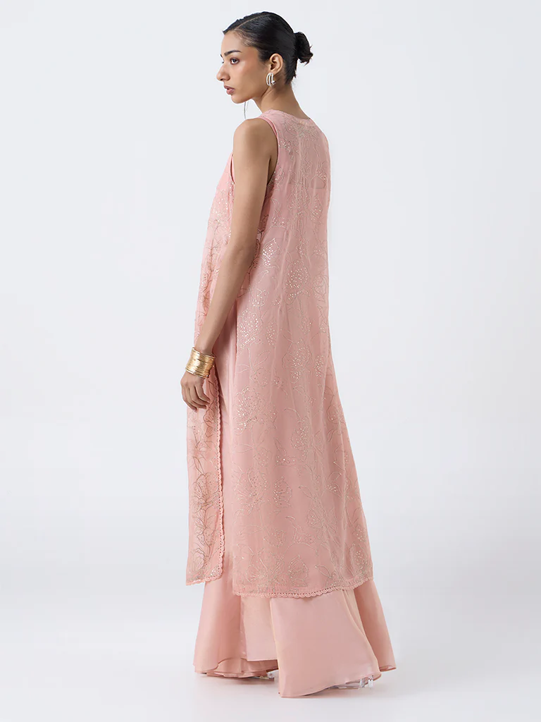 Vark Pink Floral Embroidered A-Line Kurta with Inner - Image 4