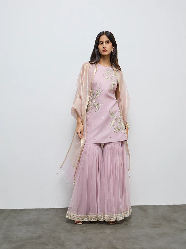 Vark Pink Floral Embroidered Cotton-Blend Straight Ethnic Set