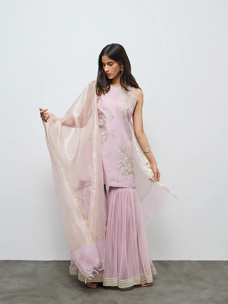 Vark Pink Floral Embroidered Cotton-Blend Straight Ethnic Set - Image 2