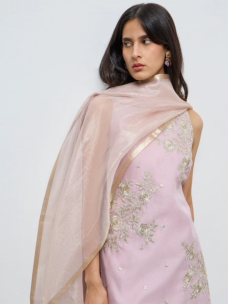 Vark Pink Floral Embroidered Cotton-Blend Straight Ethnic Set - Image 3