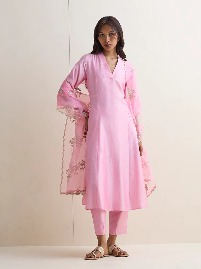 Vark Pink Solid A-Line Ethnic Set