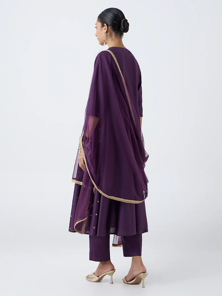 Vark Purple Embroidered A-Line Ethnic Set - Image 4
