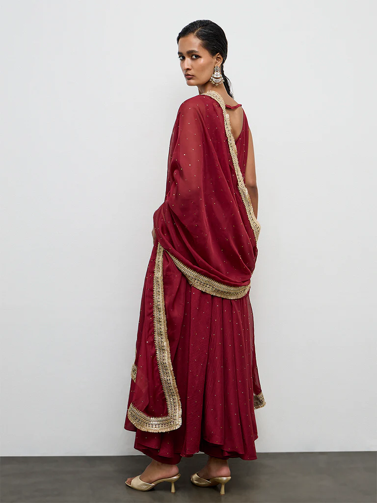 Vark Red Embellished Anarkali Ethnic Set - Image 4