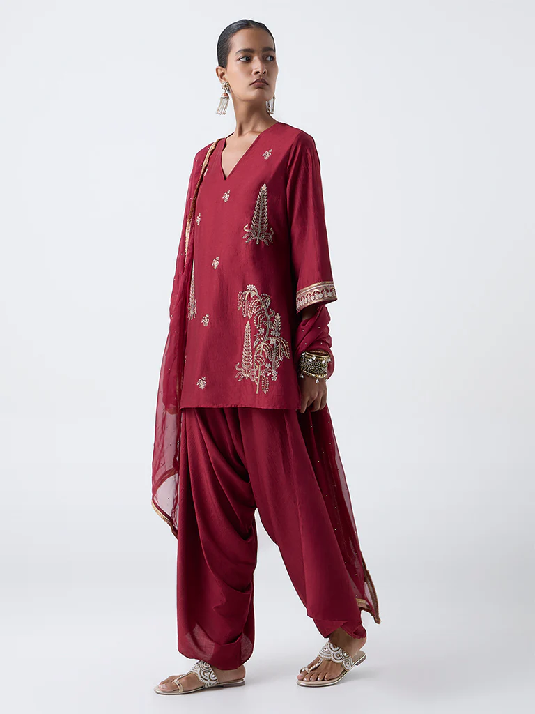 Vark Red Embroidered A-Line Ethnic Set - Image 2