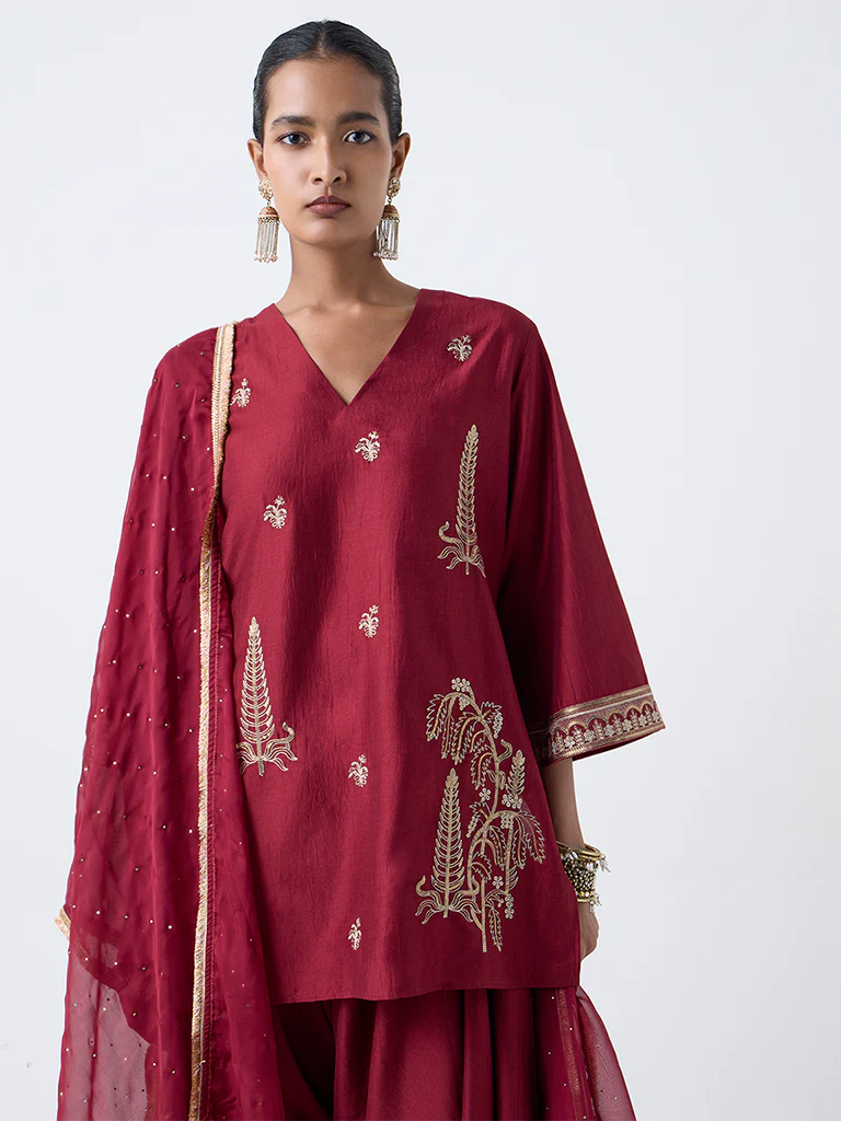 Vark Red Embroidered A-Line Ethnic Set - Image 3