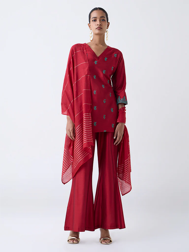 Vark Red Floral Embroidered A-Line Ethnic Set