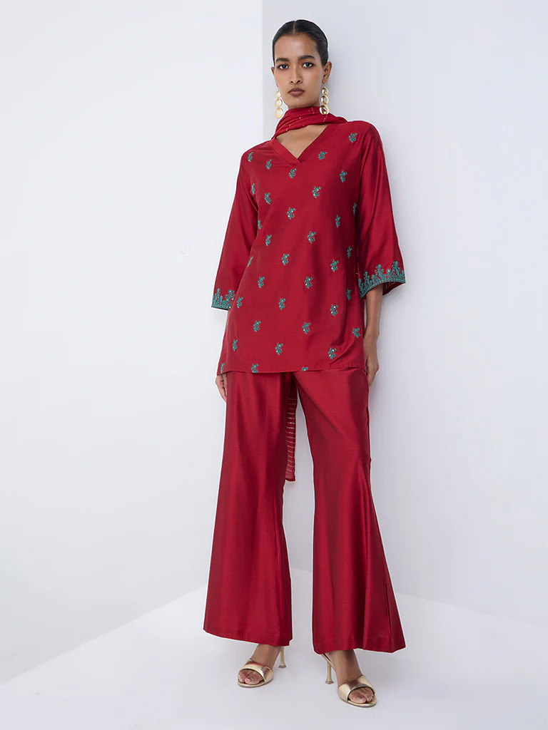 Vark Red Floral Embroidered A-Line Ethnic Set - Image 2