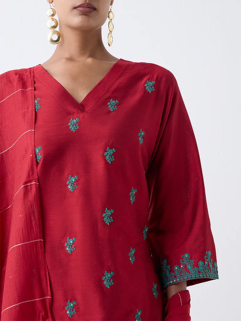 Vark Red Floral Embroidered A-Line Ethnic Set - Image 3