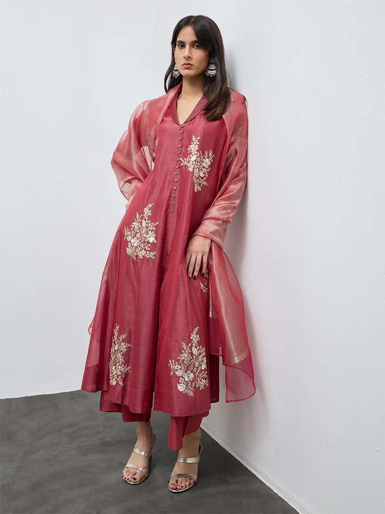 Vark Red Floral Embroidered Anarkali Cotton-Blend Ethnic Set