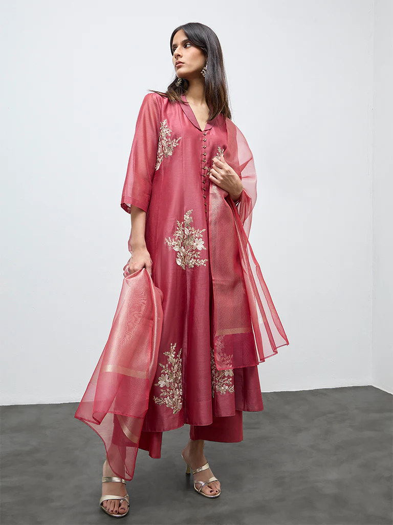 Vark Red Floral Embroidered Anarkali Cotton-Blend Ethnic Set - Image 2
