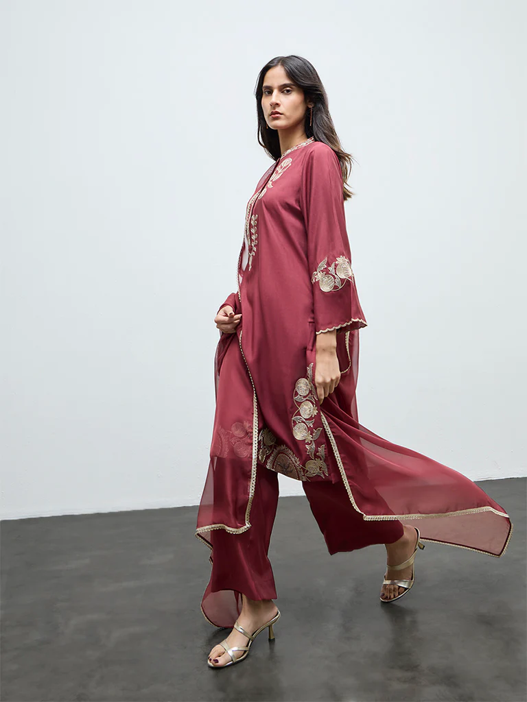 Vark Rust Floral Embroidered A-Line Ethnic Set - Image 2