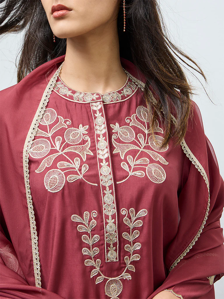 Vark Rust Floral Embroidered A-Line Ethnic Set - Image 3
