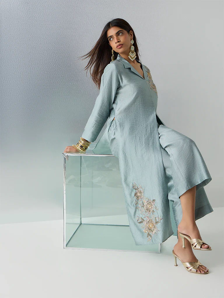 Vark Sea Green Floral Embroidered A-Line Ethnic Set