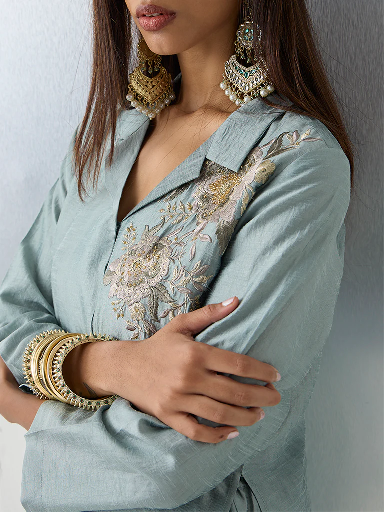 Vark Sea Green Floral Embroidered A-Line Ethnic Set - Image 3