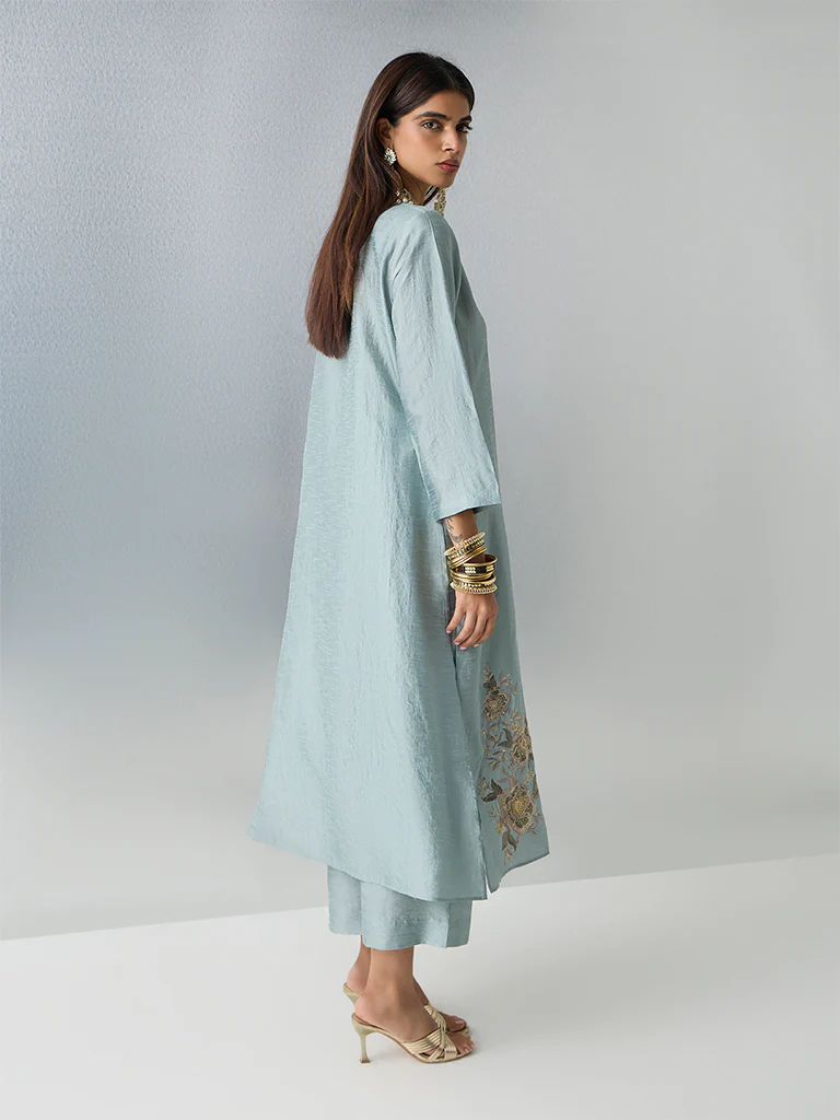 Vark Sea Green Floral Embroidered A-Line Ethnic Set - Image 4