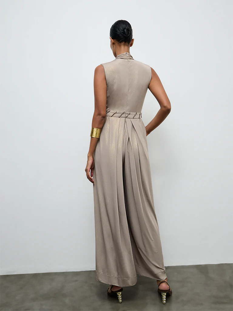 Vark Taupe Embellished Jumpsuit - Image 4