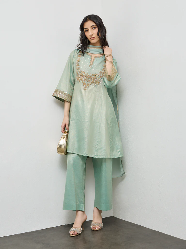 Vark Teal Embroidered Cotton-Blend A-Line Ethnic Set - Image 2