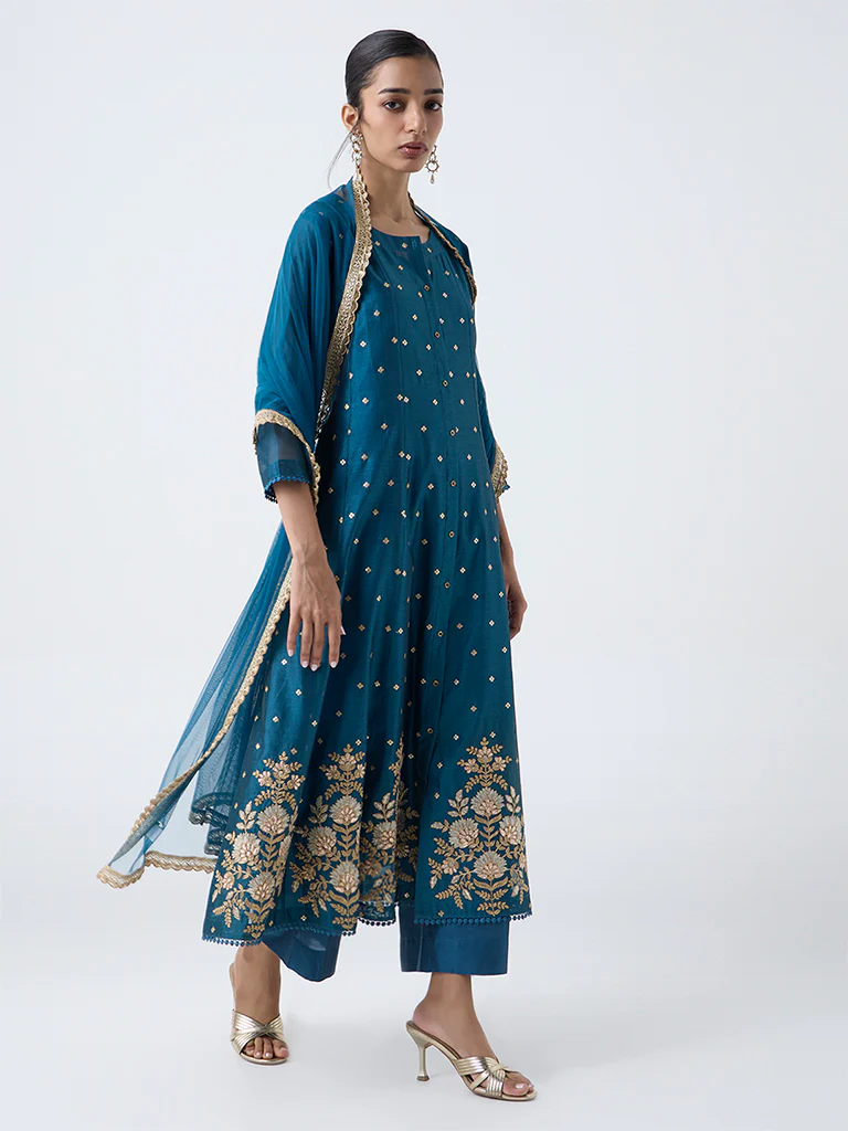Vark Teal Embroidered Cotton-Blend Anarkali Ethnic Set - Image 2