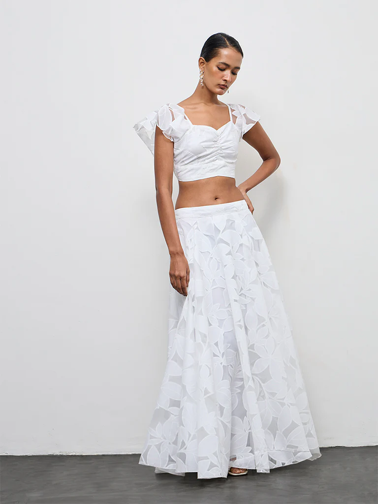 Vark White Botanical Printed Cotton-Blend Skirt