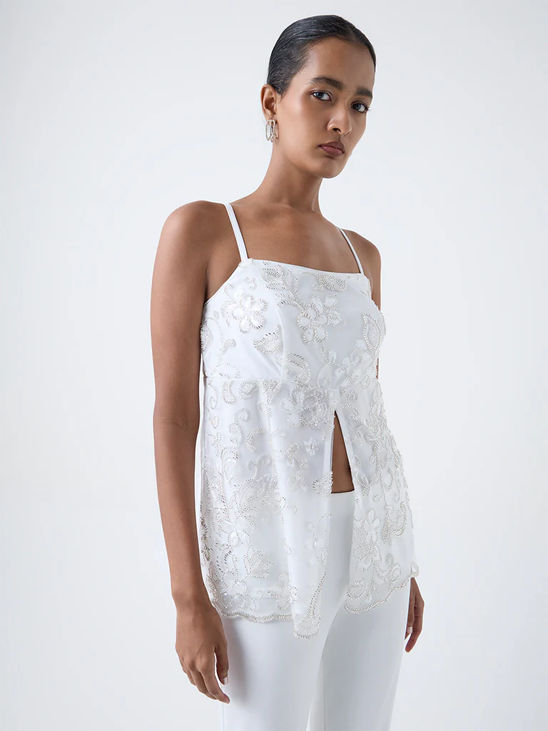 Vark White Floral Embellished Top - Image 2