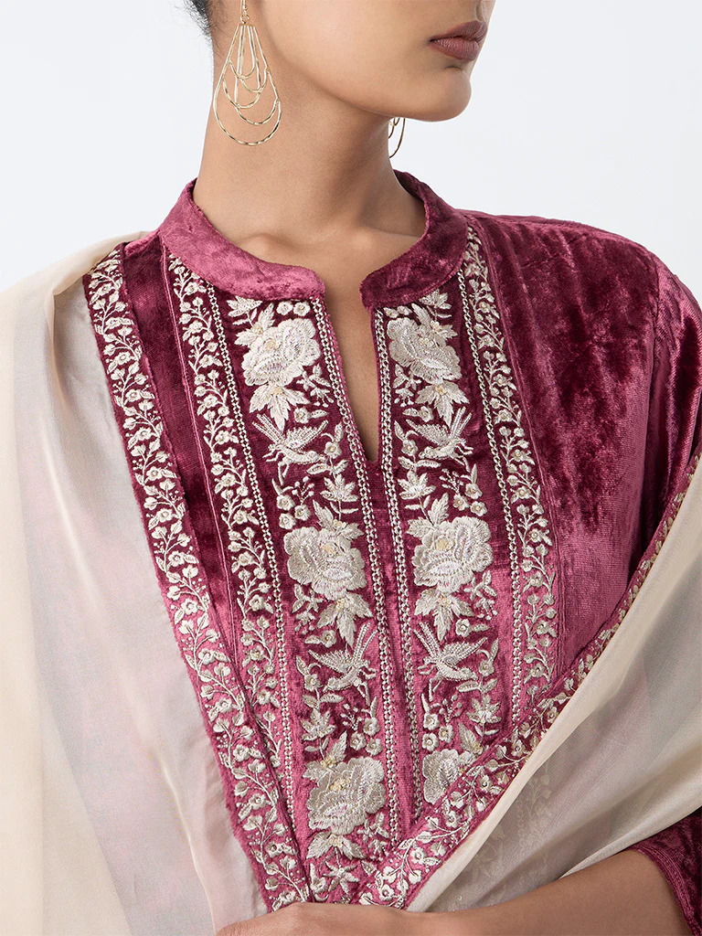 Vark Wine Floral Embroidered Velvet Straight Ethnic Set - Image 4