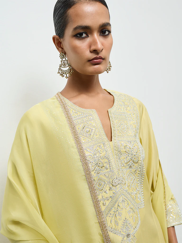Vark Yellow Embroidered A-Line Ethnic Set - Image 3