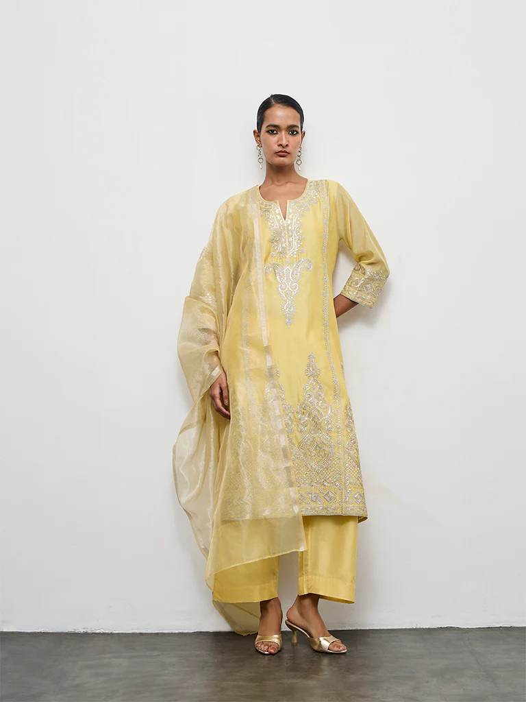 Vark Yellow Embroidered Cotton-Blend A-Line Ethnic Set - Image 2