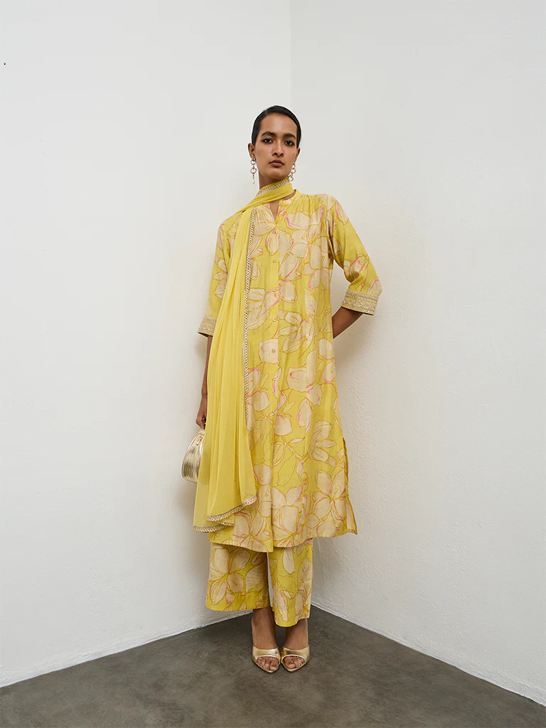 Vark Yellow Floral Pattern A-Line Ethnic Set