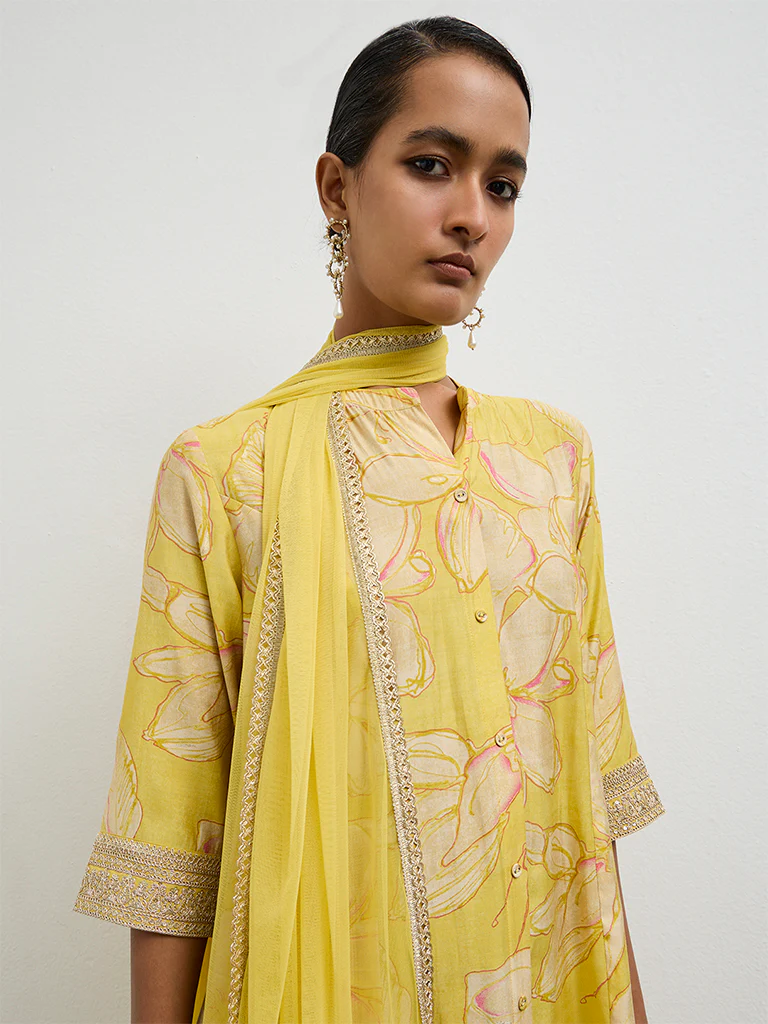 Vark Yellow Floral Pattern A-Line Ethnic Set - Image 3