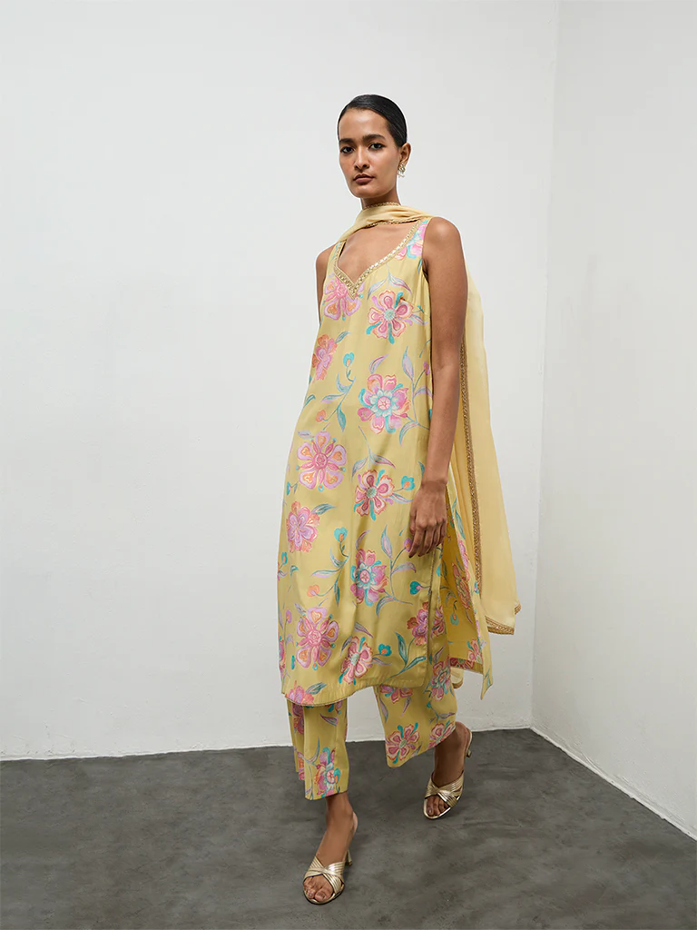 Vark Yellow Floral Printed A-Line Ethnic Set - Image 2